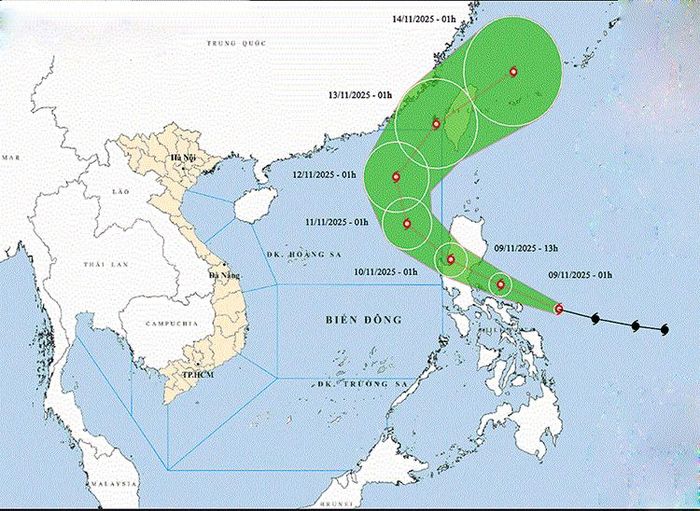 Đường đi của bão Fung Wong trên Biển Đông - các tỉnh, thành phố ven biển từ Quảng Ninh đến Đắk Lắk chủ động ứng phó với bão. Ảnh: nchmf.gov.vn