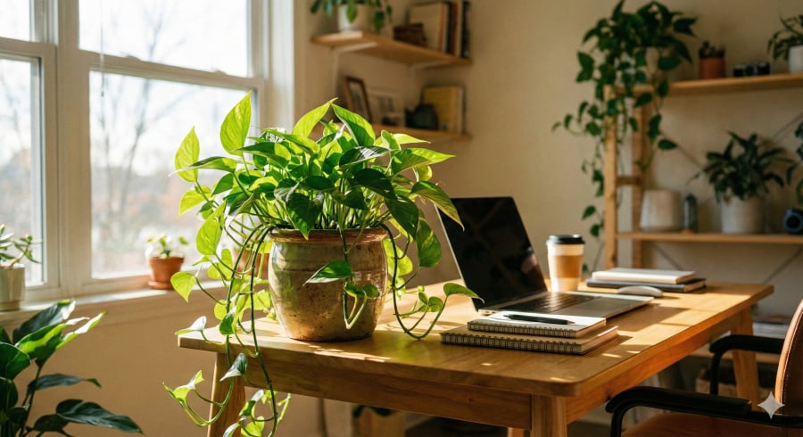 Trầu bà tượng trưng sự sinh sôi, thu hút tài lộc vào không gian làm việc.